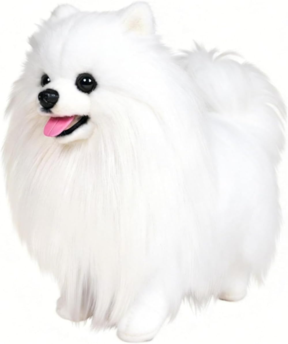 Vivid Pomeranian stuffed animals -13.8-inch realistic plush toy, suitable for soft and cute little dog companions for ladies and dog lovers - home decoration and warm birthday gifts (White)