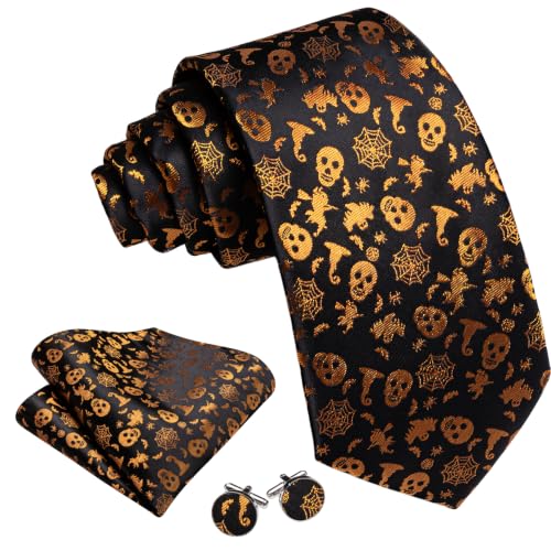 Image of Barry.Wang Men Tie Sets Skull Extra Long Necktie Pocket Square Cufflinks