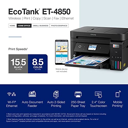 Epson Ecotank Et-4850 Wireless All-In-One Cartridge-Free Supertank Printer With Scanner, Copier, Fax, Adf And Ethernet – The Perfect Printer Office - Black #TOP4