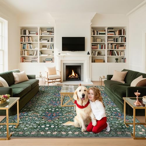 Image of Washable Dark Green Rug for Living Room, 9x12 Large Area Rug for Dining Room, Bedroom, Soft, Low Pile, Non-Slip & Stain Resistant - Vintage Floral Design Carpet