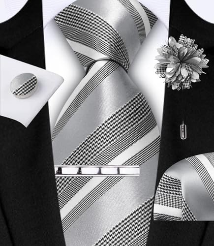Image of GUSLESON Men's 5-pc Striped Tie Gift Set - Jacquard Necktie, Pocket Square, Cufflinks, Lapel Pin, Tie Clip - Wedding Formal Gifts
