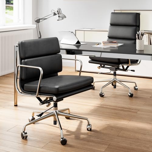 Image of Genuine Leather Office Chair, Padded Mid Back Ergonomic Executive Desk Chair with Aluminum Arm Rest and Base, Swivel Wheels with Lumbar Support & Tilting Function, Hight Adjustable, Black