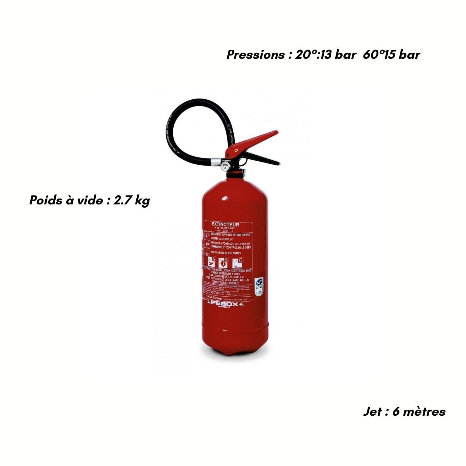 Extintor de polvo 6 kg Jet 6 m, manómetro de presión, para incendios clases A B C, extintor de casa, oficina, coche, barco – Certificado CE 0029 & NF en 3, EXT06/PS6-HJ LIFEBOX