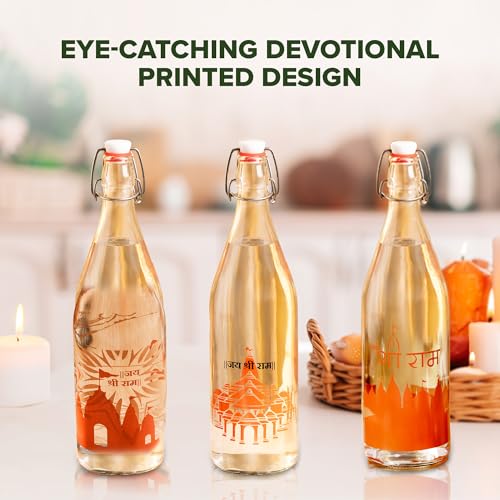 Image of SAND DUNE Glass Water Bottle Set of 1, 1000 ml, Ayodhya Mandir Printed, Clip Top Cap, Leak-Proof Bottle for Water, Milk, Gangajal, Panchamrit, Spiritual, Decor & Gifting