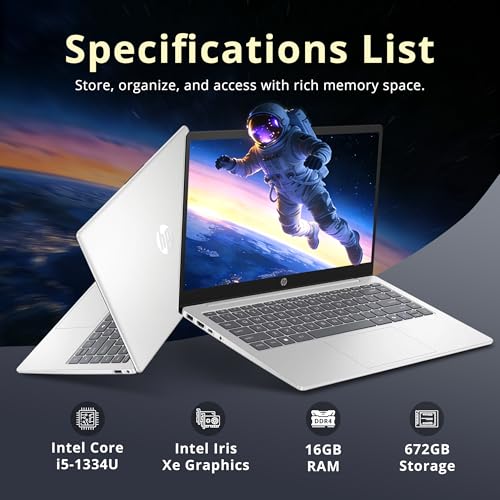 Image of HP 14 inch FHD Anti-Glare Laptop, Intel i5-1334U, 16GB RAM, 672GB Storage (512GB SSD+160GB Docking Station Set), Intel Iris Xe Graphics, Full Size Keyboard, Wi-Fi 6, 720p HD Camera, Win 11 Pro, Silver