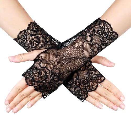WLLHYF Kurze Spitzenhandschuhe für Damen elegant für Teeparty Halloween fingerlos kurze Handschuhe für Hochzeitskostüm-Zubehör (Stil 2,...
