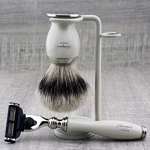 Rasierset für Männer mit Silberspitze Badger Rasierpinsel & Gillette Mach3 Razor (austauschbarer Kopf) & Dual Stand für Razor & Brush - Elfenbeinfarbe - Tolles Geschenk für jeden Gentleman