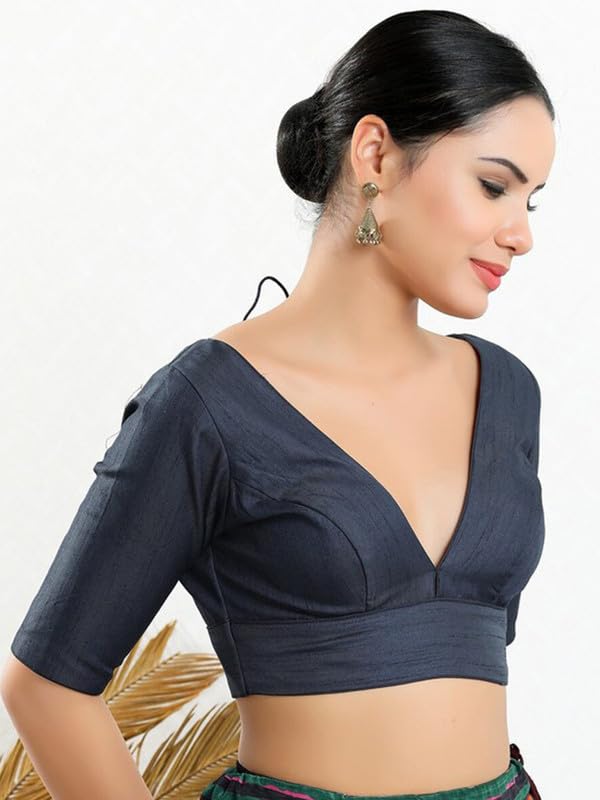 Image of Dupion Silk Solid Non Padded Saree Blouse Top V-Neck Short Sleeves Hook and Eye Closure and Tie-Up Back Choli