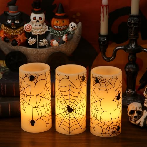 Image of GenSwin Halloween LED Flickering Flameless Candles Battery Operated with Spider Decals, 3 Pcs Pillar Candlestick Real Wax with 6H Timer for Decoration