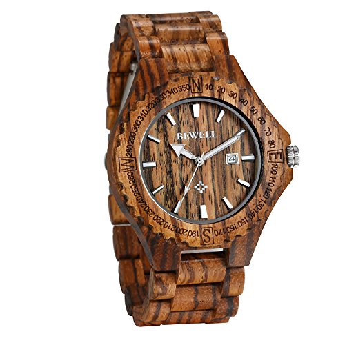 Preisvergleich Produktbild JewelryWe Holzuhr Herren Analog Quarz Kalender Armbanduhr braun Holz Uhren