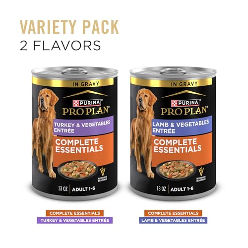 Image of Purina Pro Plan Complete Essentials Wet Dog Food Variety Pack, (12) 13 oz | Lamb & Vegetables and Turkey & Vegetables Entrees, high protein dog food in gravy, supports a healthy immune system
