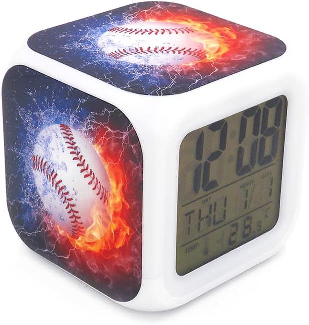 BoWay New Baseball Fire Desk & Shelf Clock Digital Alarm Clock with Led Lights Blue Table Clock for Kids Teenagers Adults Home/Office Decor 3 inches