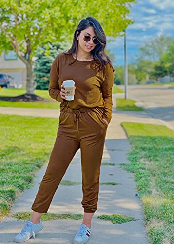 Image of PRETTYGARDEN Women's Two Piece Outfit Long Sleeve Crewneck Pullover Tops And Long Pants Tracksuit | Long Sleeve Shirts, Jogger Pants Pockets, Matching Track Suits, Fall Spring Comfy Clothes for Casual Outing, Cruise, Airport
