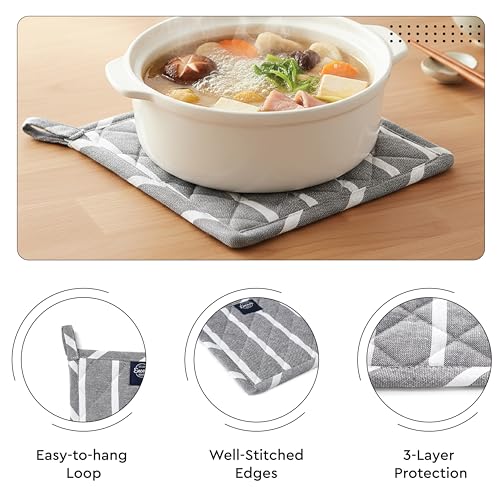 Image of Encasa XO 100% Cotton Apron Set for Women & Men with Adjustable Apron, Oven Gloves & Pot Holder (Pack of 3) Combo, Heat-Resistant, Soft & Durable for Cooking, Baking & Grilling (Roma Grey Stripes)