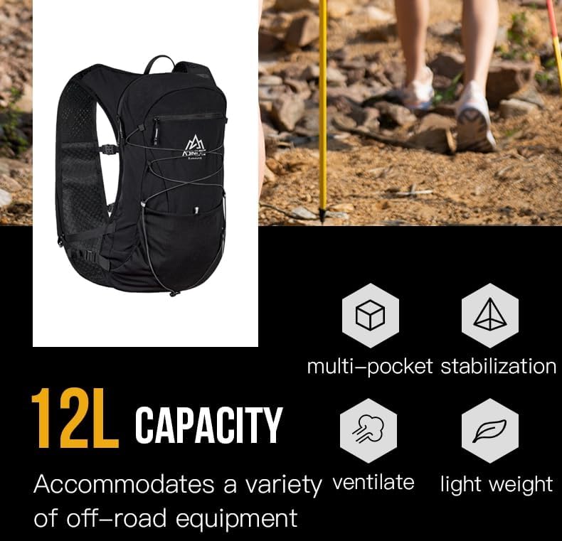 Miniatura 3 de Mochila ligera de hidratación, mochila de senderismo con aislamiento de 12 litros para senderismo, ciclismo, correr, ciclismo, rave (negro, LXL)