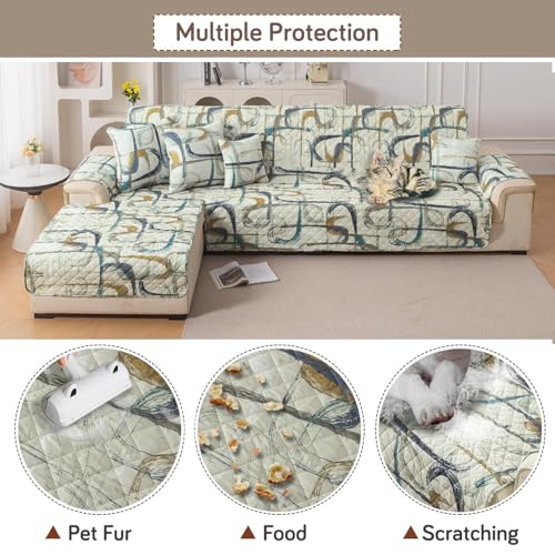 Image of HOKIPO 'Elira Series' Water-Repellent Printed Quilted One-Piece L Shape 5 Seater (3+2) Sofa Cover Mat with Left Chaise | Anti-Slip Backing & SecureFit Belt, Parchement Beige Abstract Art (NEW-5374-C6)