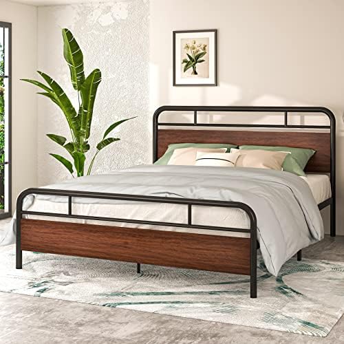 IMUseeQueen Bed Frame with Industrial Wood Headboard / 12" Under Bed Storage/Mattress Foundation/No Box Spring Needed/Easy Assembly/Walnut