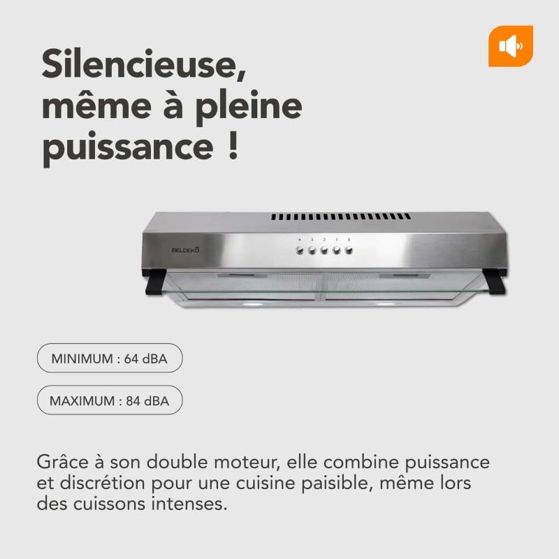 BELDEKO Hotte Casquette Visière 60 cm - Inox - 3 Vitesses Éclairage LED - Évacuation ou Recyclage - Marque Française