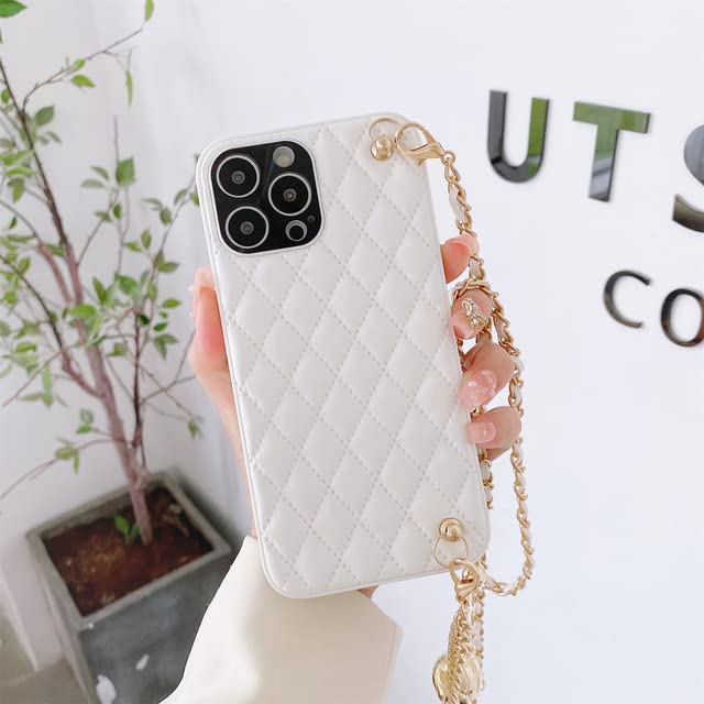 For iPhone 15 Luxury Leather Chain Strap Crossbody Lanyard Phone Case Elegant Mobile Phone Cover For Women & Girls (White, iPhone 15 Pro Max)