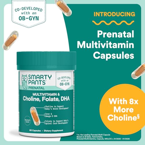 Image of SmartyPants Women's Prenatal Multivitamin Capsules, OB‑GYN Co‑Developed Prenatal Vitamins with Choline, Folate, Omega 3 DHA, & Iron for Baby's Development, Gentle on Stomach, 60 Count (30 Day Supply)