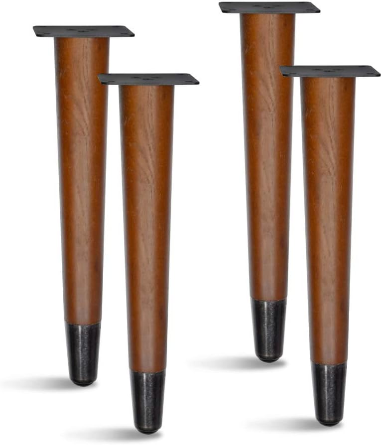 4 Pcs Retro Straight Wood Furniture Legs – Solid Wood Sofa, Bench, Table Legs with Metal Footing, Durable and Stylish Design (12" H Dark Bronze Footing)