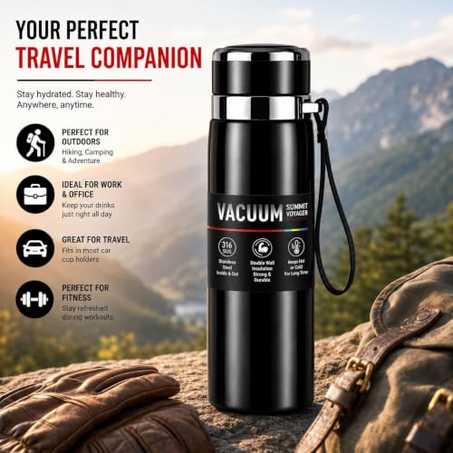 Image of Stainless Steel Vacuum Insulated Water Bottle | Double Wall Flask for Hot & Cold Beverages | Leakproof Travel Bottle for Office, Gym, School & Outdoor | Silver | (Black, 800 Ml)