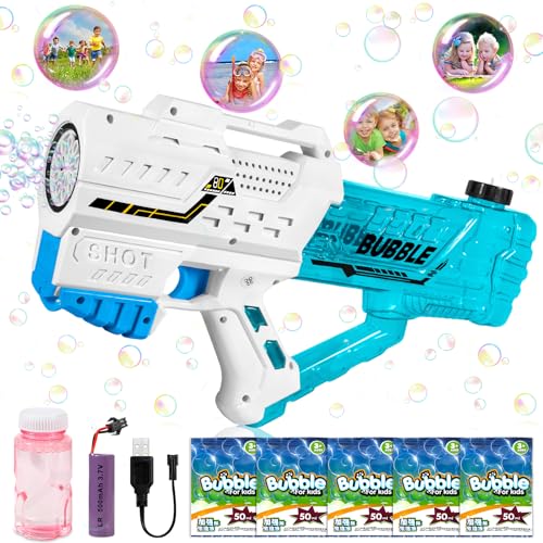 Pistolas de Burbujas, Pistola de Burbujas para Niños, Máquina Automática de Burbujas Silenciosa 10000+ Burbujas/Min con Solución/Luz para Fiesta al Aire Libre Boda (Azul)