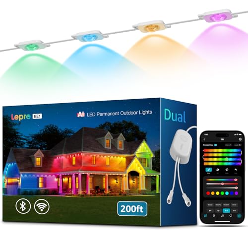 Lepro EE1 AI Permanent Outdoor Lights with Dual-Output 200ft 120 LED RGB+IC Smart Outside Light for House Christmas Decor Alexa Google Enabled 2.4 GHz WiFi/Bluetooth APP Control No Remote Controller