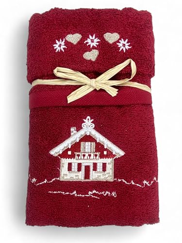 Tex family Set Asciugamani Tirolese Casetta Bordeaux - Tirolo - Spugna 100% Cotone - Ricamo Chalet Montagna Made in Italy