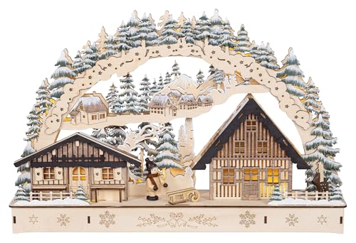 Holz Glas Design Arco de luces LED Waldhaus con paisaje forestal invernal – de madera – para funcionamiento con pilas con temporizador – Tamaño: 45 x 8 x 29,5 cm