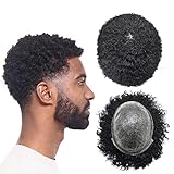 SINGA HAIR Afro Curly Toupee Hair Units for Black Men Wave Hair System Replacement Mens Toupee for American African Injected PU Kinky Curl Hair Piece Unit (1B# Natural Black,6MM Afro Wave)