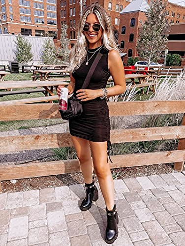 Image of BTFBM Women Sleeveless Bodycon Ruched Short Dress Side Drawstring Solid Crew Neck Casual Summer Tank Shirt Mini Dresses