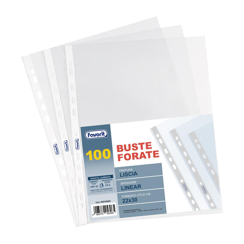 Favorit Transparent Envelopes with Holes, 100 Pieces, Smooth Finish, Internal Format 22 x 30 cm