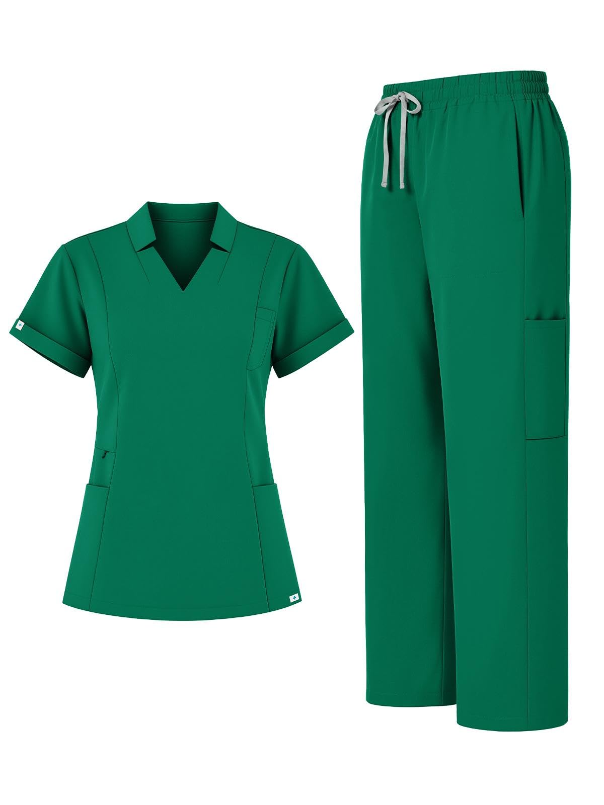 Scrubs for Women Set, Notched V-Neck Top &amp; Straight-Leg Pants