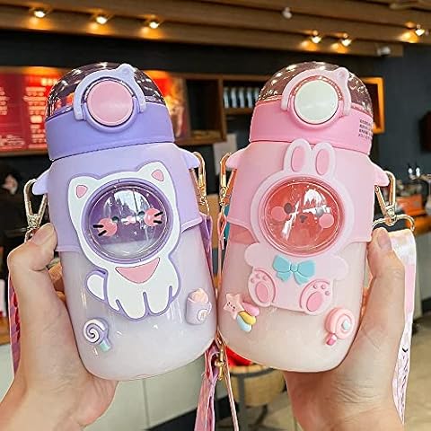 excvalues Kawaii Bear Water Bottle with Straw and Shoulder Strap, 25oz Cute Large Capacity Water Bottles with 3D Stickers for Girls, School (Purple) Cover