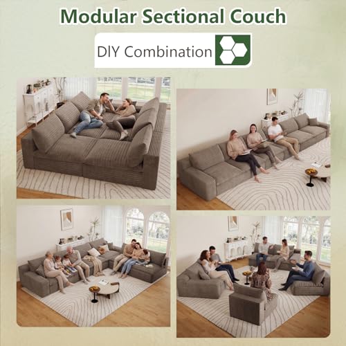 Image of 136 inch Cloud Couch Modular Sectional Sofa for Living Room, U-Shape Boneless Couch with Deep Seat, Modern Corduroy 6-Seater, No Assembly Required, Camel