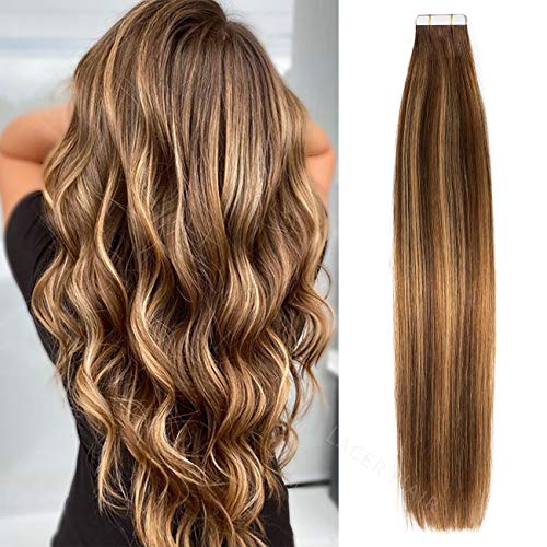 Lacerhair 20pcs 50g Human Hair Extensions Silky Straight Tape in Ombre Chocolate Brown Fading to Strawberry Blonde Highlights Natural Hair Extensions R#4-4/27 18inch