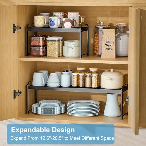 2 Pack Expandable Cabinet Countertop Shelves, Stackable Shelves Organizers For Kitchen Cabinet Countertop Storage, Adjustable Counter Cupboard Pantry Organizer Shelf Rack Stand, Length:20.5" - Image 4