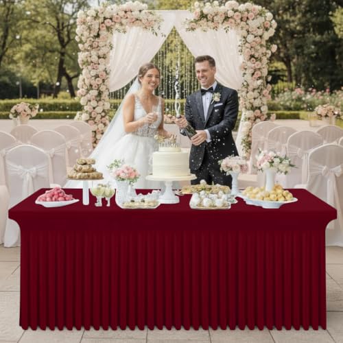 Image of Smiry 2 Pack Spandex Elastic Fitted Table Cloth Skirt for 6FT Table | Stretch Washable Table Cloth, Banquet Table Cover for Wedding, Party, Indoor & Trade Shows, (Wine Red, 72Lx30Wx30H)