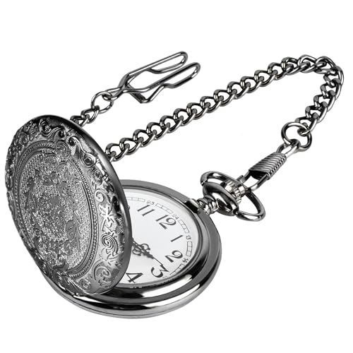 JSMTKJ Montre de Poche Montre Gousset Vintage à Quartz avec Chaîne pour Hommes Femmes Papa Fête d’Anniversaire (Noir)