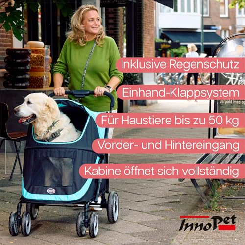 Hundebuggy groß Innopet Mamut blau/schwarz – Rahmen bis 50kg belastbar, inkl. Regenschutz, einhändig klappbar – drehbare Vorderräder – Hundewagen für mittelgroße Hunde oder mehrere kleine Hunde