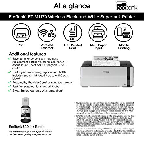Epson Ecotank Et-M1170 Wireless Monochrome Supertank Printer With Ethernet Plus 2 Years Of Unlimited Ink*,White #TOP3