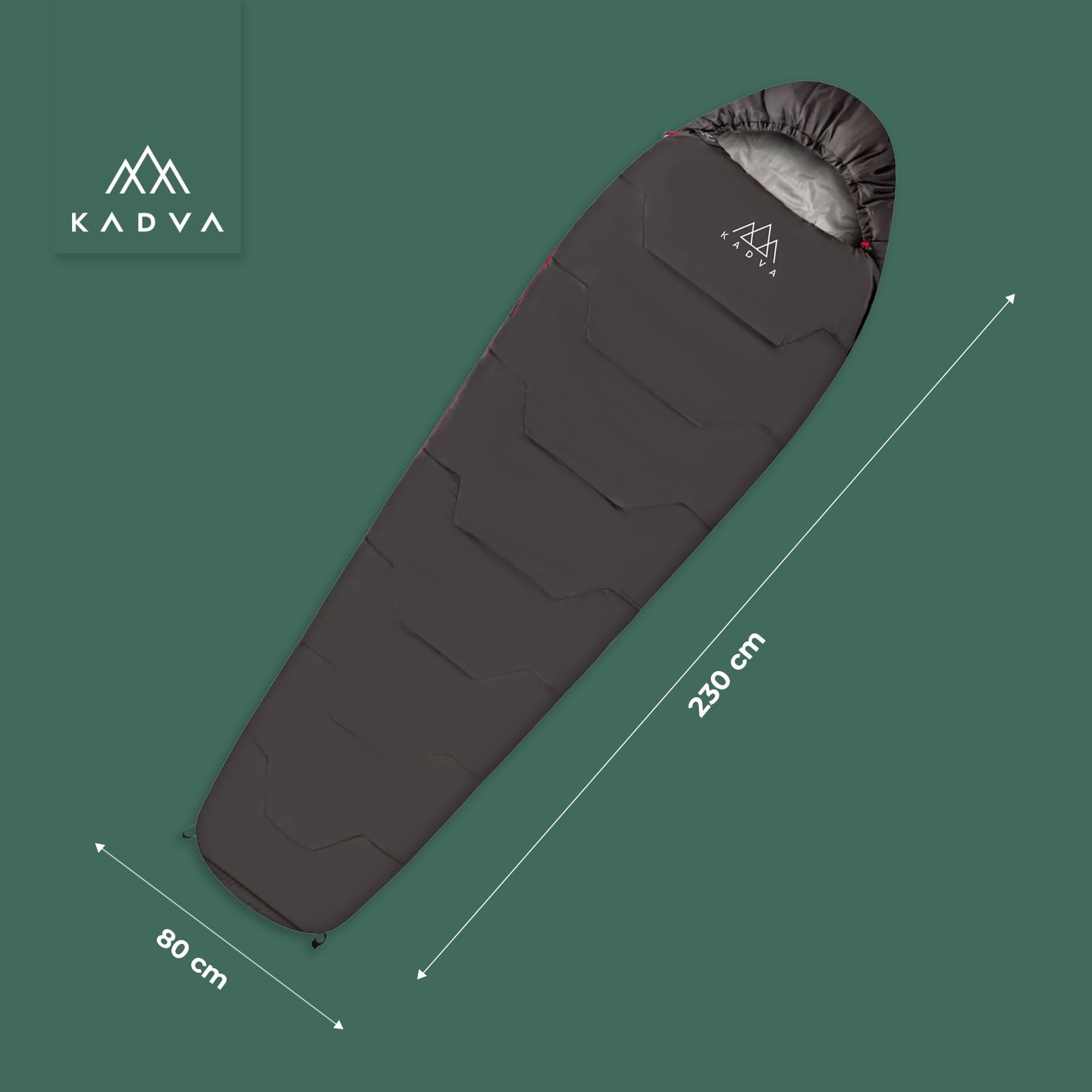 KADVA Śpiwór kempingowy Mumio R 230 x 80 cm, zielony śpiwór z kapturem na głowę, komfortowa temperatura 4 stopni, idealny na zimę, wysoka akumulacja ciepła, technologia Ripstop