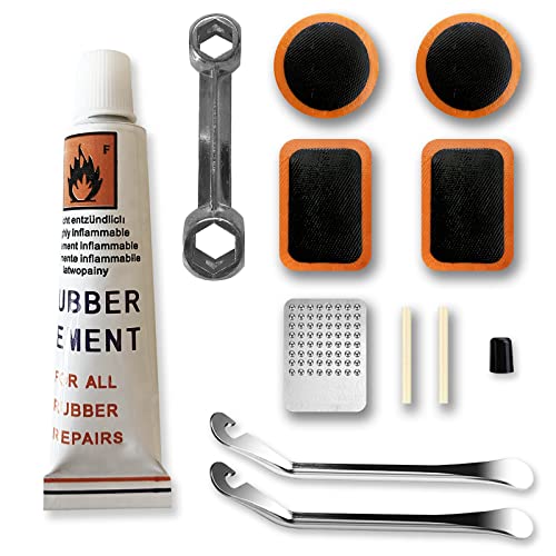 Kit repara pinchazos, parches bicicleta autoadhesivos, reparación de neumaticos con herramientas bicicleta, rallador y palancas Cover