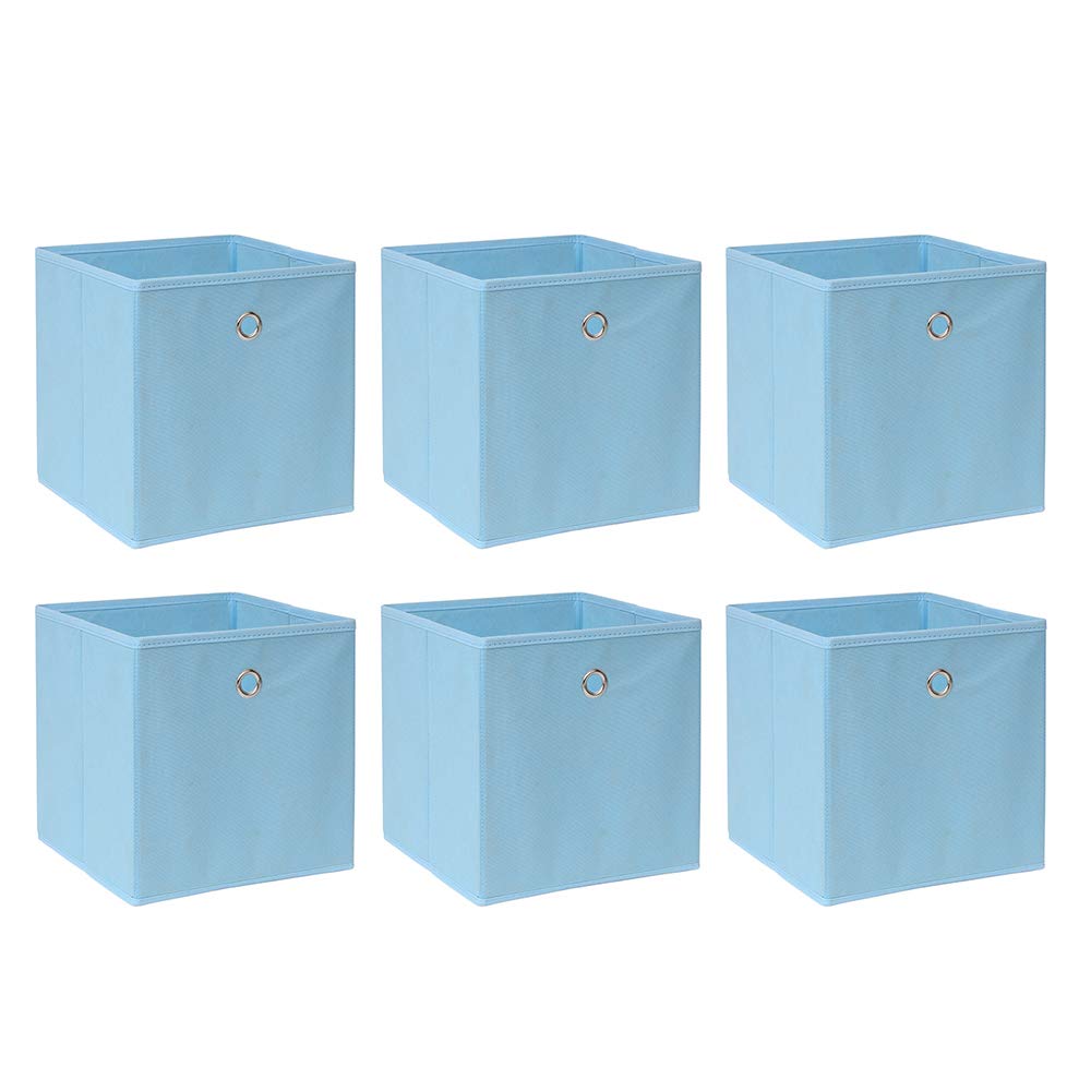 BOJU Set of 6 Folding Unit Storage Organizer Cubes Box Blue Canvas Fabric for Shelves Drawers Wardrobe Collapsible Basket Bin for Kids Room Toy Nursery Clothes Closet Collection