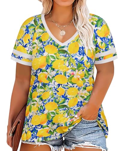 Image of CARCOS Womens Plus Size Tops Short Sleeve Shirts V Neck Tunic Floral /Tie Dye /Solid Summer Tees XL-5X