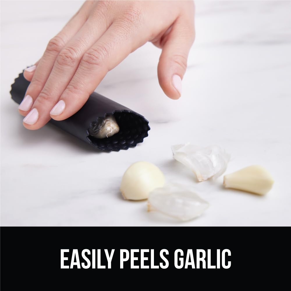 Juego de prensa y pelado de ajo, herramienta de picadora resistente, picar y triturar fácilmente ajos, jengibre, nueces, semillas, mango ergonómico grande, pelador incluido para pelar 7
