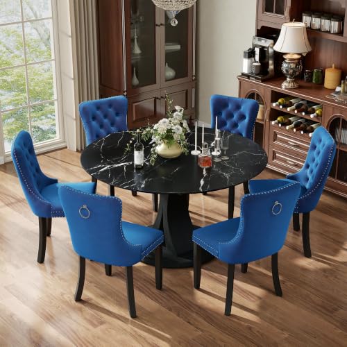 Image of 7-Piece Dining Table Set for 6 with 47 In Black Faux Marble Round Table | Circle Dining Room Table with 6 Velvet Upholstered Chairs, Modern Scandinavian Furniture for Dining Room Kitchen (Bule)