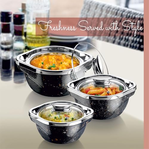 Image of Signoraware Royal Bliss BPA Free Plastic Casserole Set| Inner Steel & Outer Plastic| Safe & Durable Gifting Set| Ideal for Storing Chapatti, Rice & Curries (1L+ 1.5L+ 2L| Setof3| Black)
