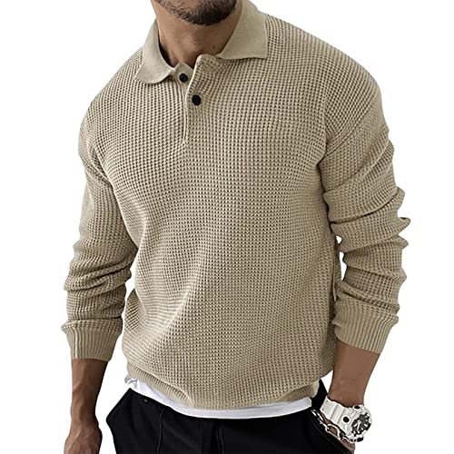 Men's Autumn Winter Vintage Sweater, Long Sleeve Hike Pullovers Men Winter Classic Oversized Polyester Solid Tops Button Down Scoop Neck Stretchy Fit Pullovers Gents Beige #TOP3